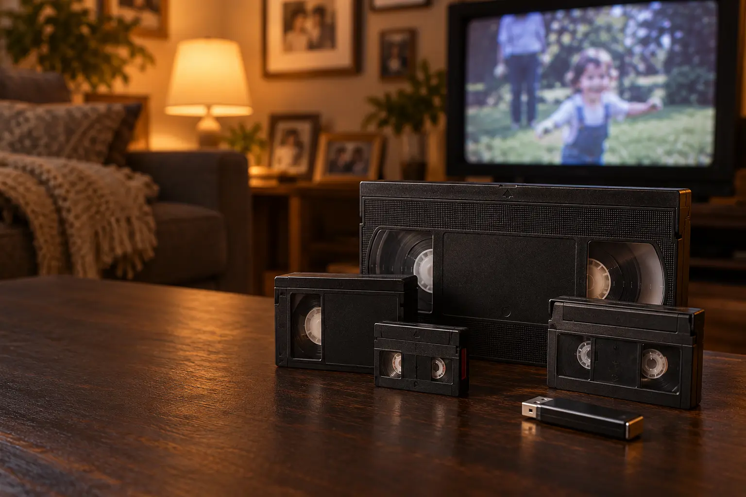 VHS and smaller camcorder tapes beside a USB drive in a family living room